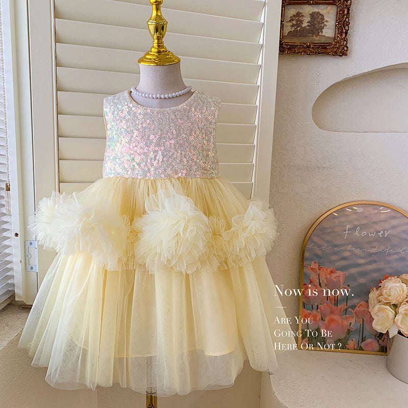 Girls' Yellow Sequin Tutu Dress – Sleeveless Flower Tulle Gown