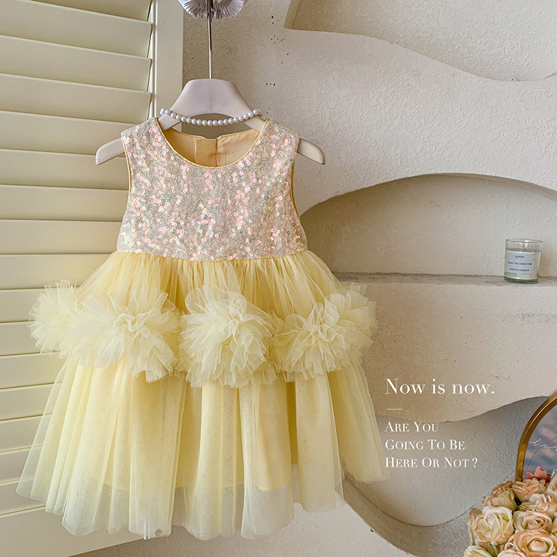 Girls' Yellow Sequin Tutu Dress – Sleeveless Flower Tulle Gown
