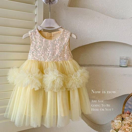Girls' Yellow Sequin Tutu Dress – Sleeveless Flower Tulle Gown