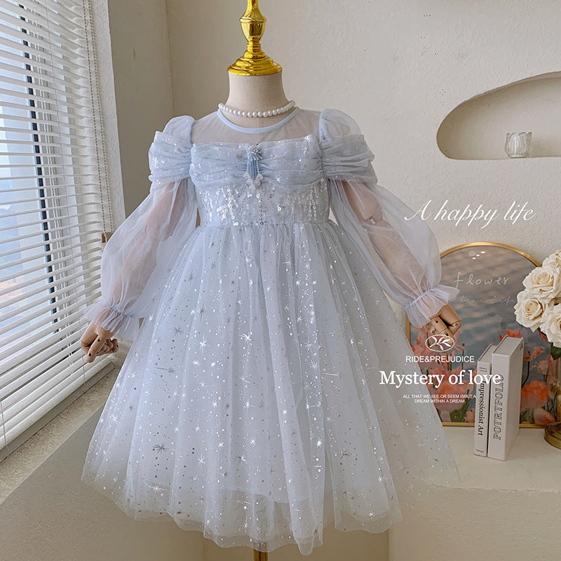 Girls Blue Long Sleeve Princess Dress Glitter Tulle Winter Party Gown