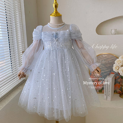 Girls Blue Long Sleeve Princess Dress Glitter Tulle Winter Party Gown