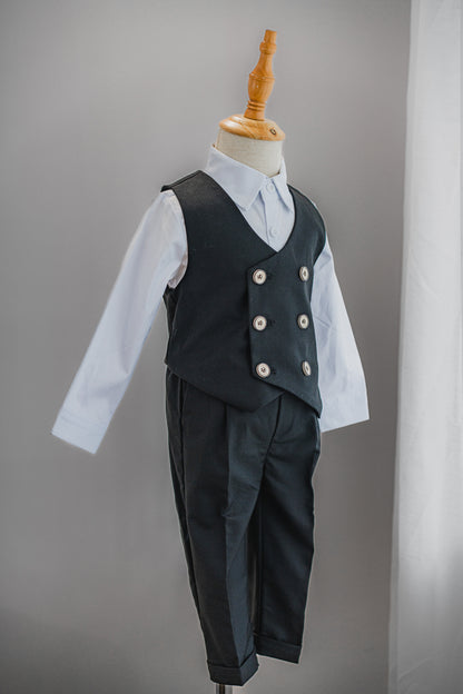Kids Boys Shirt & Vest & Pants Clothing Set 3 Pieces Long Sleeve Black Formal Suit